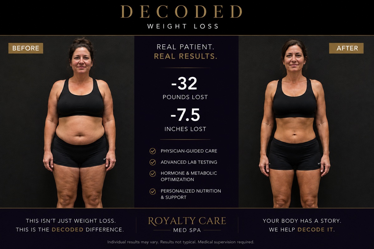 Royalty Care medical weight loss before and after: a real patient down 32 pounds and 7.5 inches under medical supervision